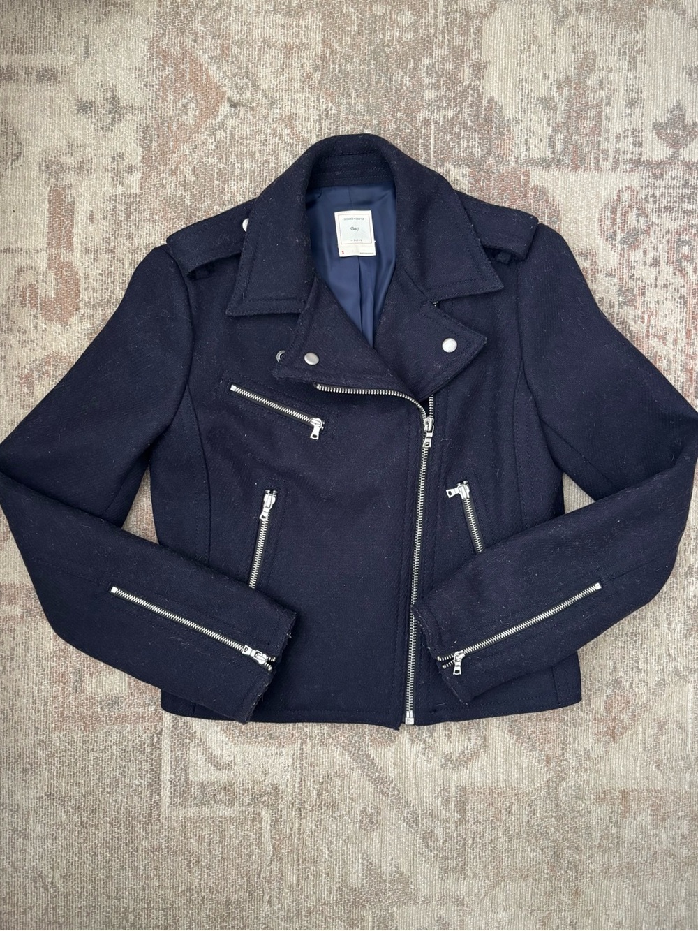 GAP Navy Blue Wool Blend Moto Jacket with Silver Zippers